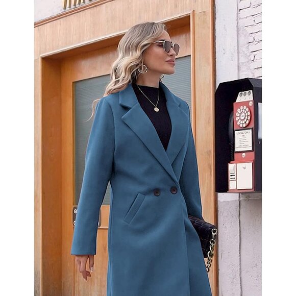 Women's Blue Winter Wool Coat Casual Notch Lapel Single-Breasted Peacoat - Picture 4 of 6